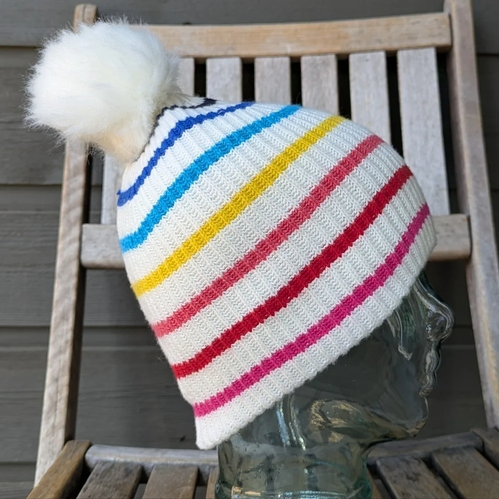 NWOT GAP Crazy Stripe Ribbed Knit Pom Beanie Rainbow White One Size Wool Blend